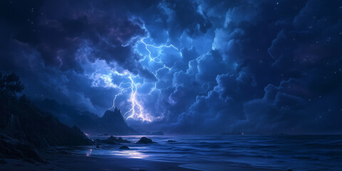 A Thunderstorm with a Lightning Strike over a Beach