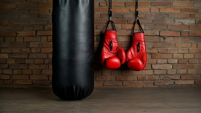 Red boxing gloves hanging beside black punching bag in empty gym