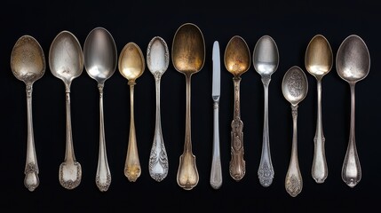 A collection of silver spoons, back view, showcased with bold, artistic lighting.