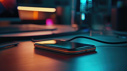 Night Smartphone Glow, Digital Device Resting on Desk