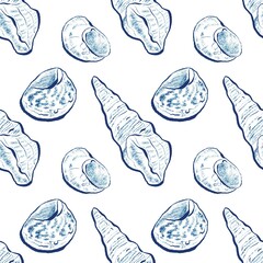 Seashell seamless pattern different cockle shells and seashells blue line sketch with white background