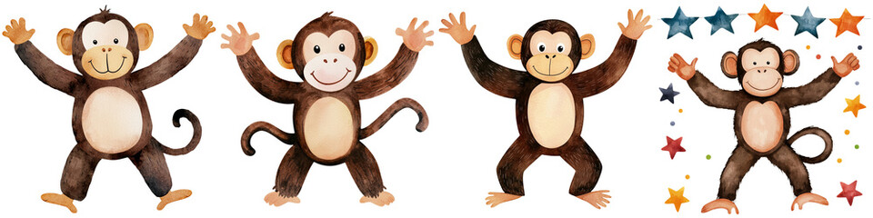 Fototapeta premium Thai cartoon kids and funny concept, Four playful cartoon monkeys with cheerful expressions and raised arms, accompanied by colorful stars.