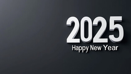 3D text 2025 on the right side of an empty black wall, written in white numbers with a reflection effect