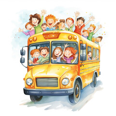 Excited children waving from a bright yellow school bus on a sunny day