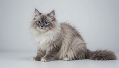 Fototapeta premium Adorable Fluffy Ragdoll Kitten with Striking Blue Eyes Posing Gracefully on a White Background