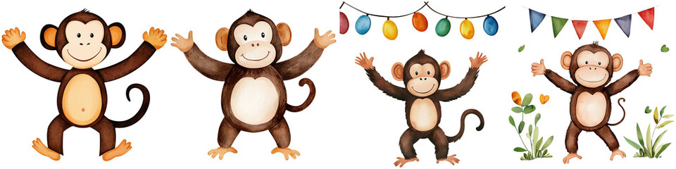 Thai cartoon kids and funny concept, Four playful cartoon monkeys with raised arms, showcasing joy and festivity, adorned with colorful decorations.