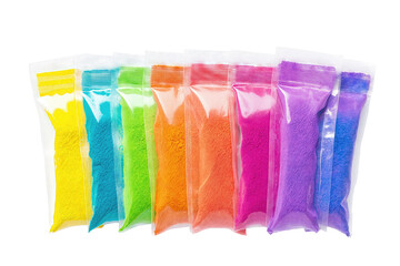 Naklejka premium Variety of Holi colors in transparent packaging