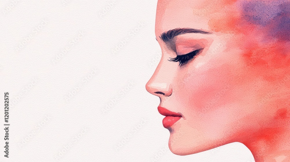 Wall mural Glazed watercolor idea. A vibrant watercolor portrait showcasing a woman's elegant profile and expressive features.