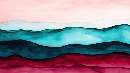 Glazed watercolor idea. Abstract watercolor landscape with flowing waves in soothing hues of pink, blue, and red.