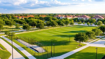 Aerial view of a green sports field surrounded by trees and pathways in a suburban area.