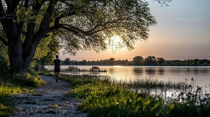 Man runs on a path near a lake at sunset with trees and benches along the shore