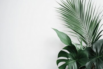 Fototapeta premium A minimalist botanical wallpaper featuring hand-sketched monstera and palm leaves on a clean white backdrop.