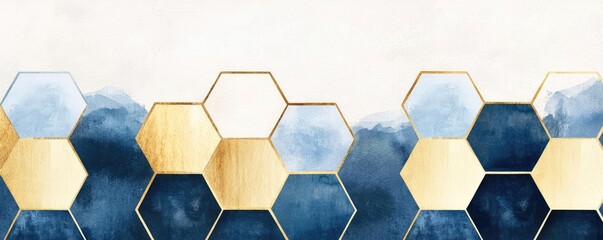 Hexagonal watercolor concept. Stylish hexagon pattern with a blend of gold and blue hues for modern design use.