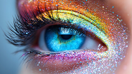 a captivating close-up of a blue eye with mesmerizing rainbow eye shadow. the sparkling glitter and vibrant colors add a touch of magic to the look