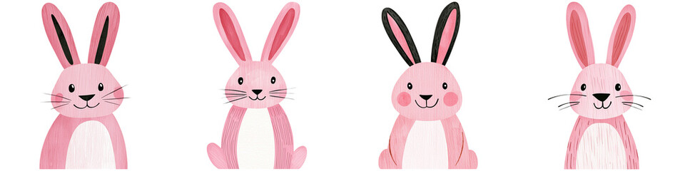 Fototapeta premium Thai cartoon kids and funny concept, Four cute, cartoon-style pink rabbits with varying expressions and poses.