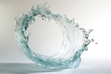 A mesmerizing twisted water splash forming a delicate arc, captured in sharp detail on a bright white backdrop.