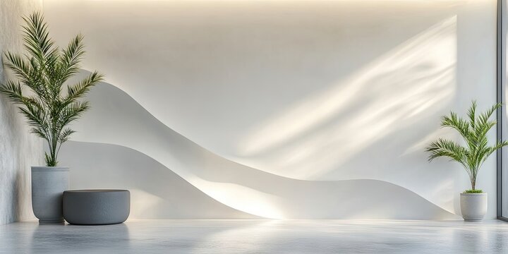 Abstract textured white wall with smooth wavy design and minimalistic planters on either side creating ample copy space and soft natural light.