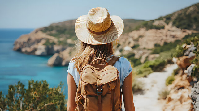 a woman with a backpack and a hat on her head admires the beautiful view of a coastline on a bright sunny day. she is looking out at the sparkling blue water.  