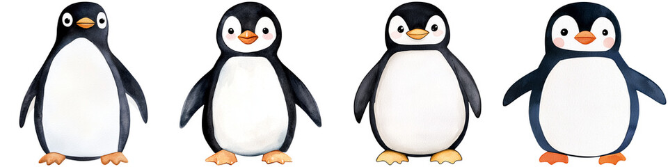 Fototapeta premium Thai cartoon kids and funny concept, Four cartoon penguins in various poses, showcasing their distinctive black and white plumage and cheerful expressions.