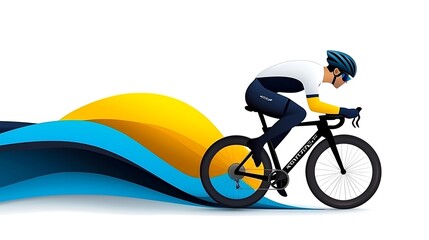 Fototapeta premium Dynamic Cyclist Riding a Road Bike Against a Blue and Yellow Wave Background