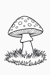 A mushroom with a round cap and small circles on it. It stands on a grassy area on a white background. Suitable for coloring.