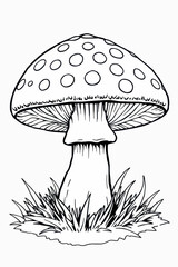 A mushroom with a round cap and small circles on it. It stands on a grassy area on a white background. Suitable for coloring.