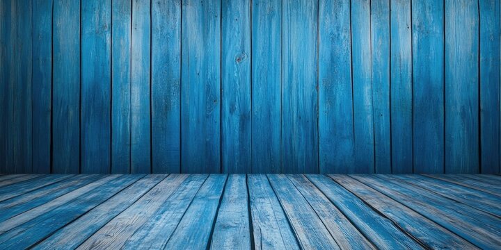Blue wooden backdrop with a textured surface and horizontal planks positioned in the foreground, providing space for overlays or text.