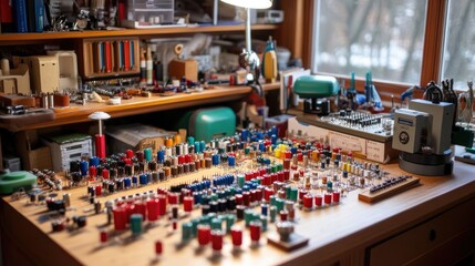 Electronic components such as resistors, capacitors, and transistors organized on a workbench.