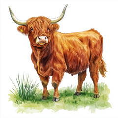 Illustration of the Highland Cattle, soft watercolor tones, white background, detailed illustration, cartoonish.