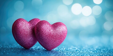 Fototapeta premium Two sparkling pink hearts on a blurred blue background with bokeh effect creating a tranquil space ideal for greeting card design