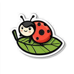 Naklejka premium A cute, cartoon-style ladybug with a red shell and black spots sitting on a green leaf. The ladybug has a smiling face with rosy cheeks and antennae