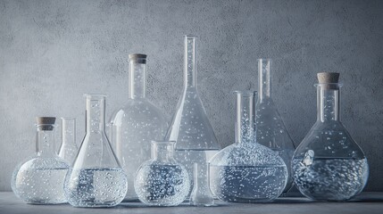 Various glass laboratory flasks filled with water and bubbles.