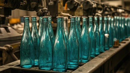 Factory machinery producing glass bottles, with a teal and white background symbolizing cleanliness and innovation