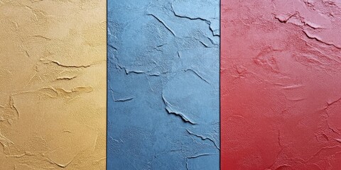 Textured wallpaper panels in gold yellow blue and red horizontal stripes with rough surface detailing arranged evenly across the image