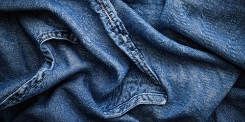 Close-up view of textured blue denim fabric with soft folds and intricate weave details against a dark background highlighting the unique surface.