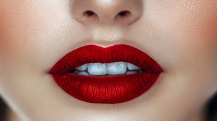 Obraz premium Close-up of a woman's luscious red lips. The image is striking and bold, focusing on the detail and texture of the lipstick.