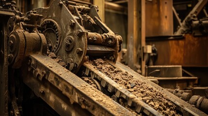 Heavy machinery operating in an industrial plant, highlighted with an earthy brown and rust-orange background