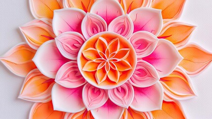 Obraz premium Mandala watercolor idea. A stunning pink and orange flower pattern showcasing intricate paper art design.