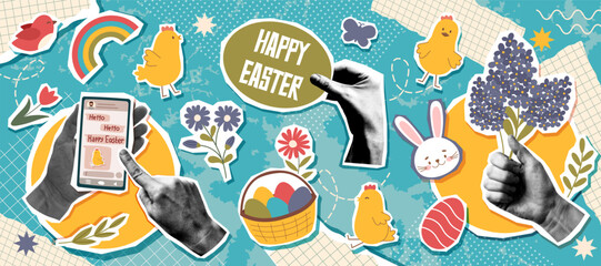 Easter collage banner with human hands photos and Easter objects - bunny, chicken, eggs, flowers, phone in pop art style. Easter trendy background.