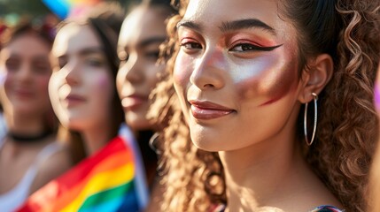 Obraz premium close up Group of young activist for lgbt rights with rainbow flag, lesbian, rainbow, freedom, diversity, bisexual, gay, celebration, community