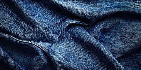 Obraz premium Close up view of blue denim fabric showcasing vibrant textures with deep indigo shades and subtle ripples highlighted against a dark backdrop