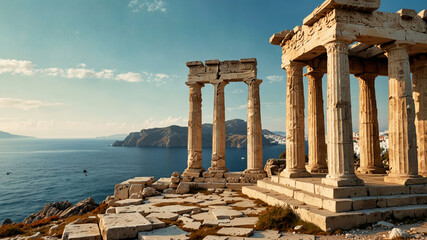 Obraz premium A nostalgic scene featuring a beautifully ancient Greek temple overlooking a serene blue sea