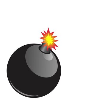 Illustration of a black round bomb that has fire on the fuse and then explodes, isolated on white