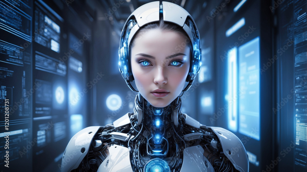 Wall mural a humanoid head with a neural network brain. artificial intelligence concept.