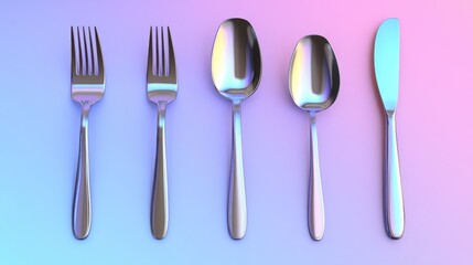 Luxurious silverware set displayed back view, isolated on a colorful digital gradient.