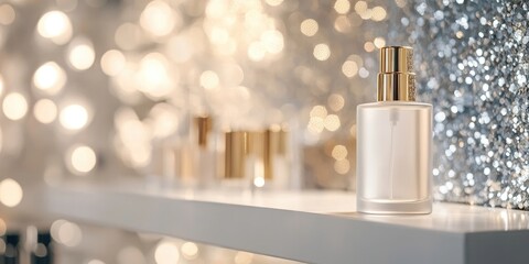 Elegant luxury cosmetic spray bottle on white shelf with soft focus sparkly silver and gold bokeh in background creating a sophisticated ambiance