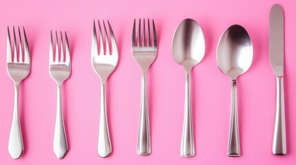 Minimal silver utensils arranged diagonally, back view on a sharp, contrasting color background.