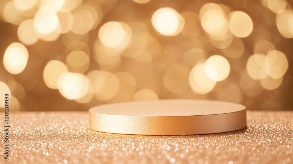 Poster gold round podium on glitter surface with bokeh background.
