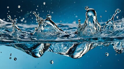 Clear blue water splashing, showcasing the beauty and vitality of moving water droplets. 