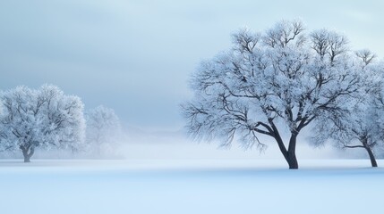 Snowy Trees in Foggy Field